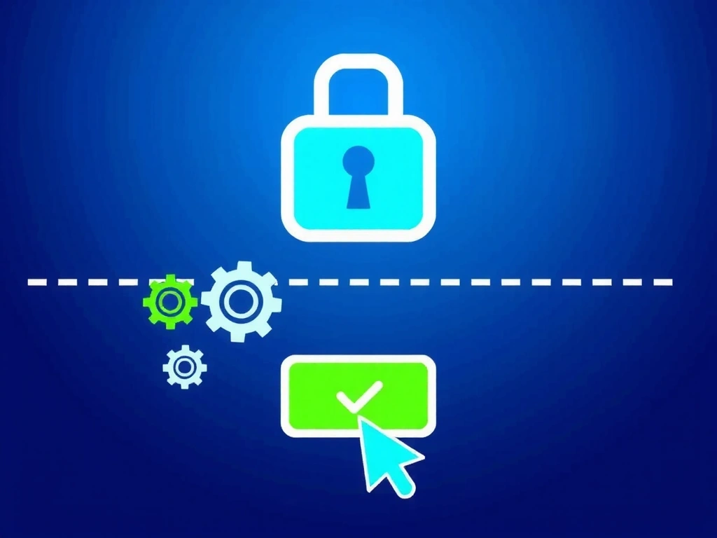 Ein stilisiertes Schlosssymbol auf einem Bildschirm, umgeben von kleinen Zahnrädern und einem Cursor, der auf eine Schaltfläche klickt. Dies symbolisiert Datenschutzeinstellungen und Kontrolle über Daten.