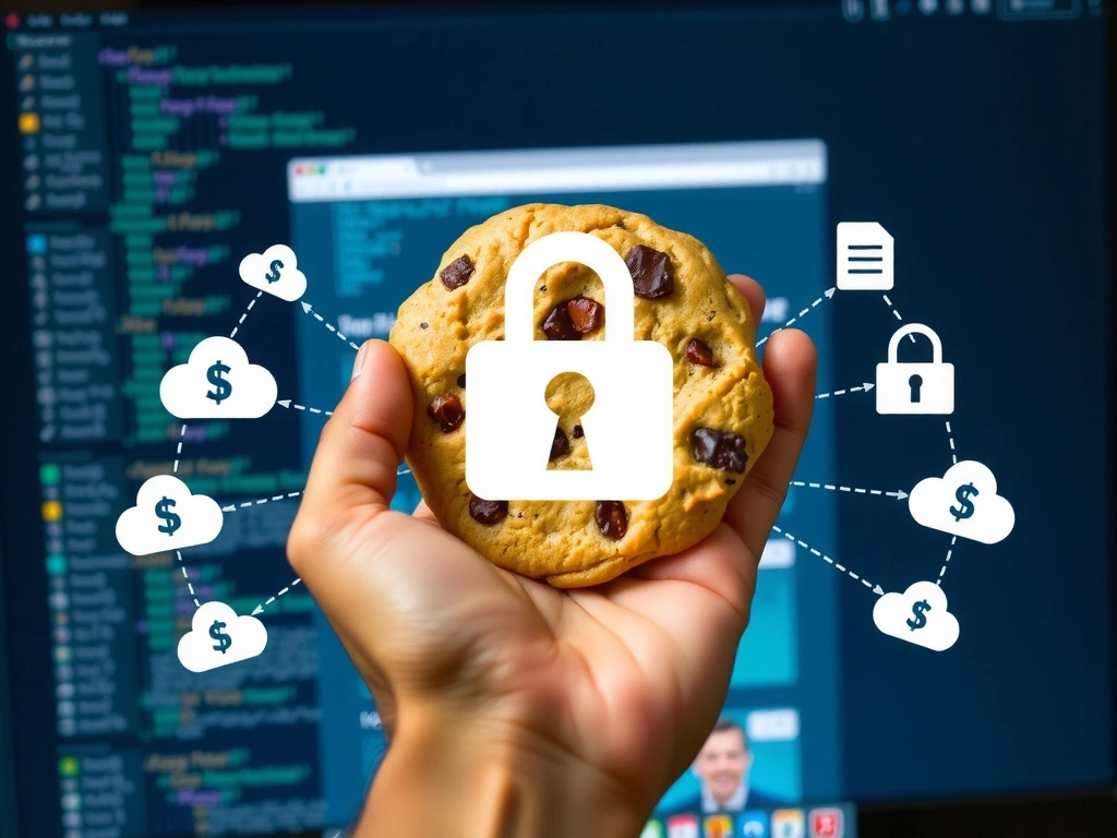 Eine Hand hält ein großes, stilisiertes Cookie-Symbol, umgeben von kleinen Datenpaketen, die den Informationsfluss darstellen. Im Hintergrund sind verschwommene Webseiten-Elemente zu erkennen.